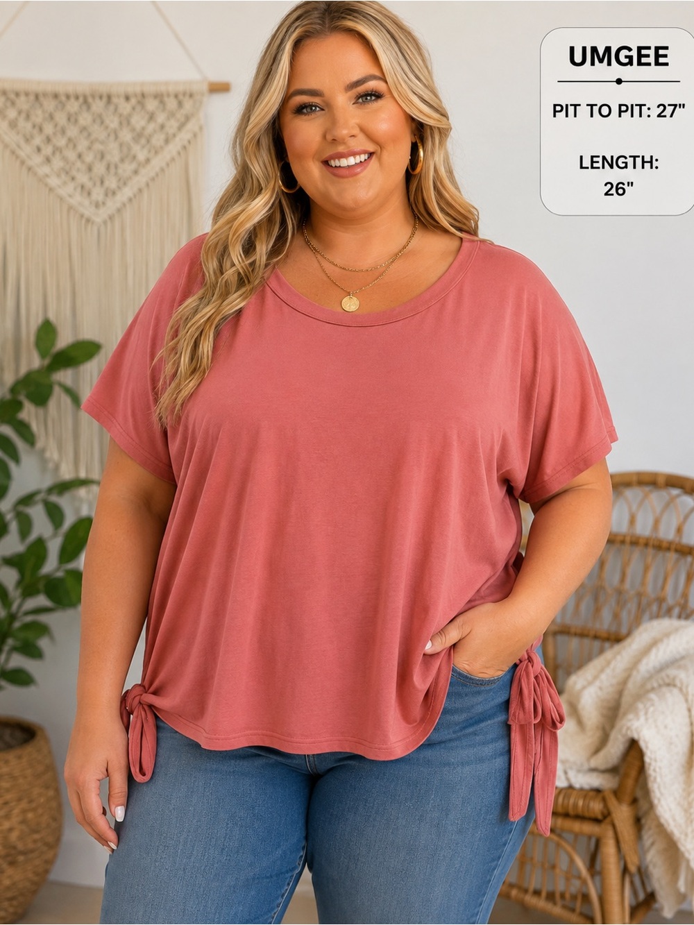 Umgee Dusty Rose Tie-Hem Short Sleeve Tee
